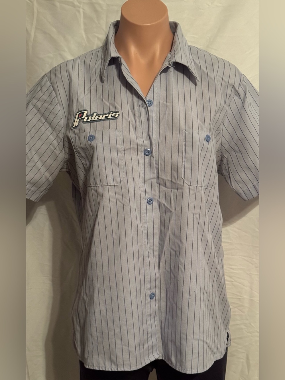 Women’s Short-Sleeve Pinstripe Polaris Mechanic Retro Work Shirt — Light Blue